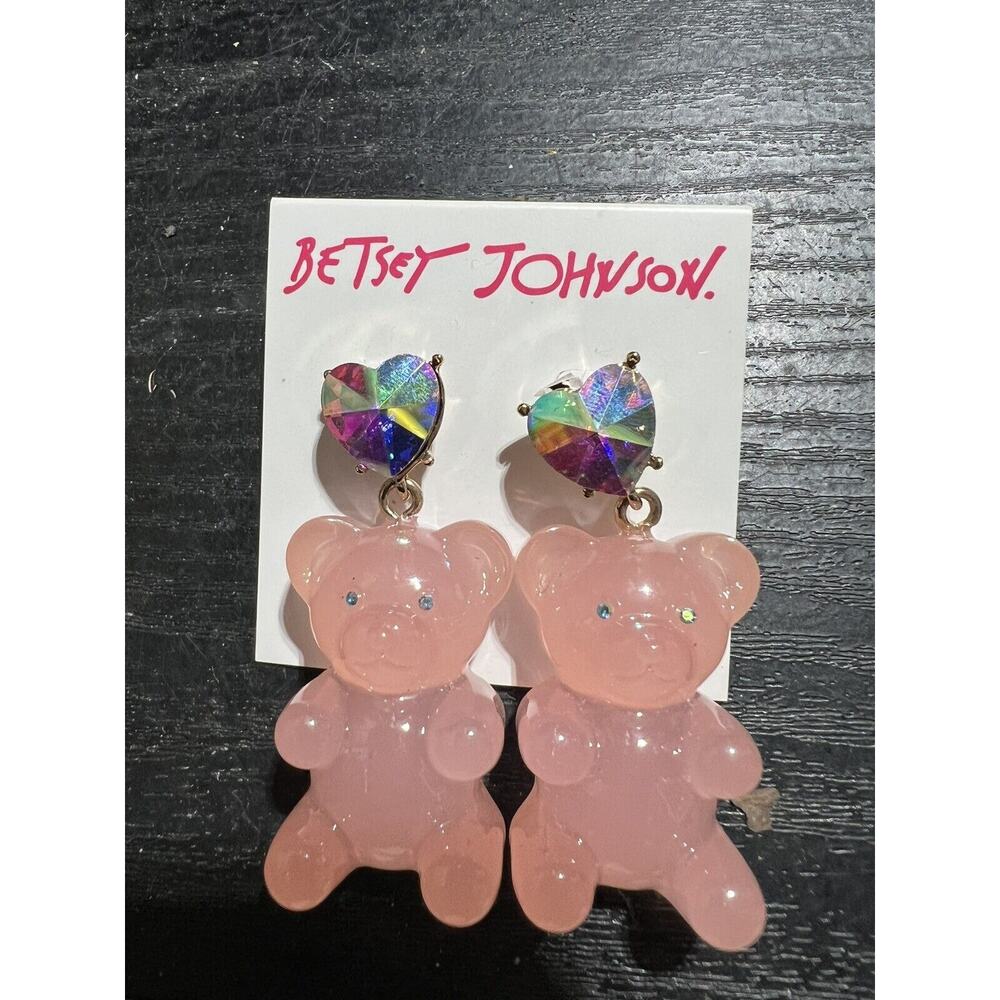 Betsey Johnson Pink Resin Gummy Bear Drop Earrings Crystal Hearts -NEW